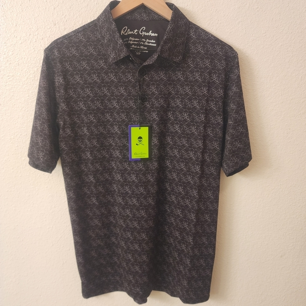 Robert Graham Clubhouse Skull All Over Print Iron Skul Black Polo Mens sz Small
